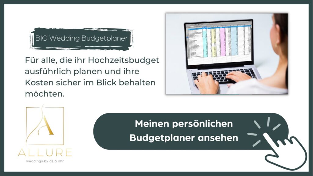 Bild, Erklärung und Verlinkung zur Excell Liste Budgetpaneer v on ALLURE weddings